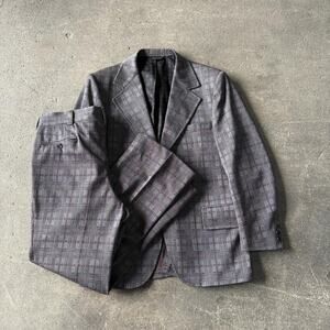 Vintage 70s Clipper Craft Plaid Suit Mens 42 Gray Red Blazer Jacket Pants 36x30